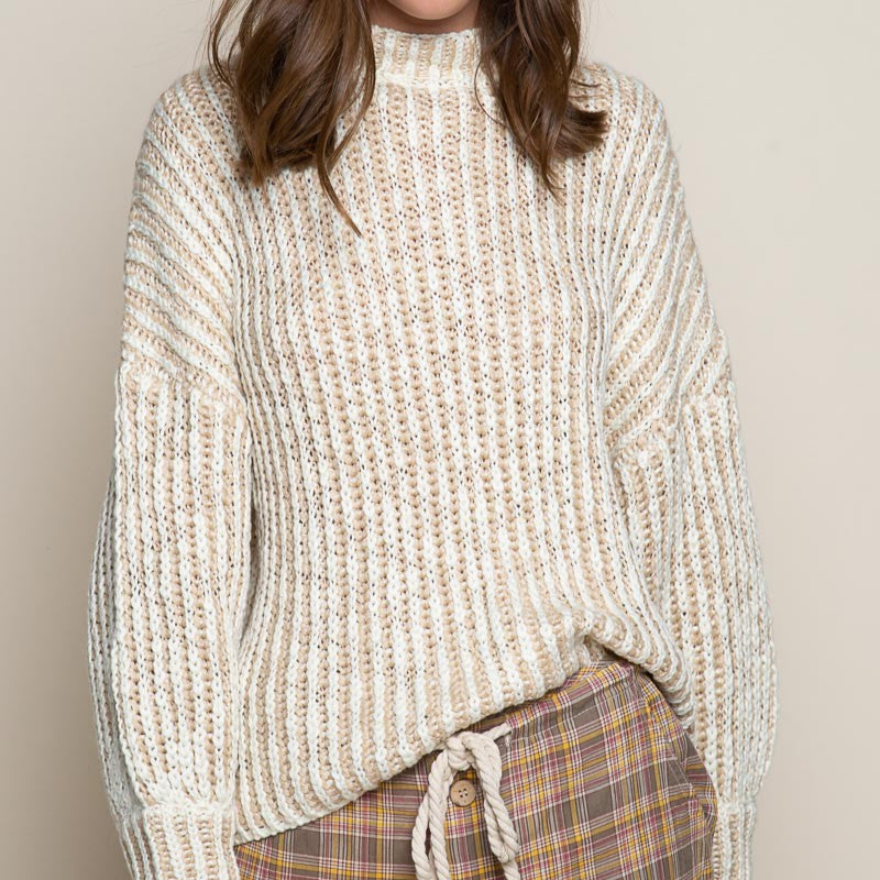 Beige N' Cream Two Tone Mock Neck Sweater
