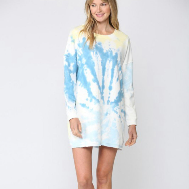 Blue and Yellow Tie Dye Swirl Cotton Terry Shift Dress