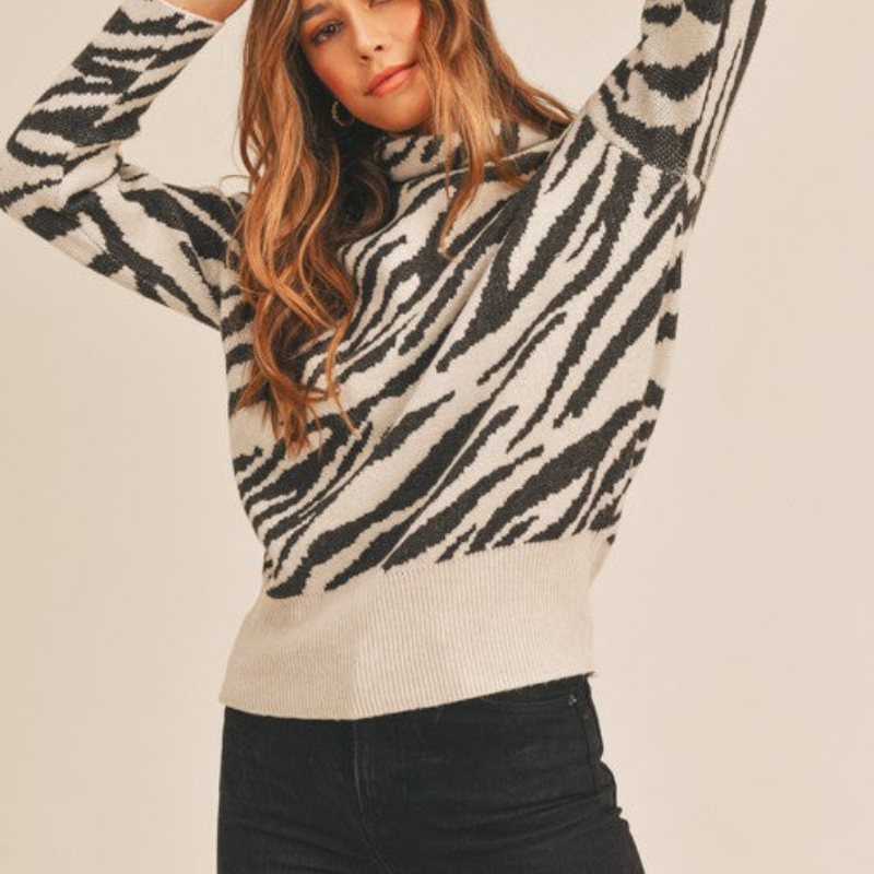 Zebra Print Mock Neck Sweater Top
