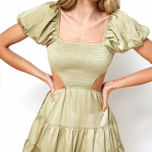 Sage Puff Sleeve Ruffle Cut Out Mini Dress