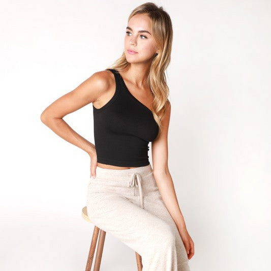 Black Solid Ribbed One Shoulder Crop Top