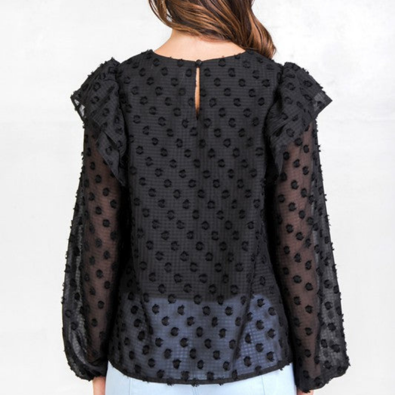 Black Textured Polka Dot Ruffled Sleeve Blouse