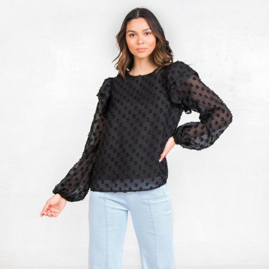 Black Textured Polka Dot Ruffled Sleeve Blouse