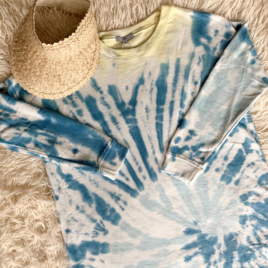 Blue and Yellow Tie Dye Swirl Cotton Terry Shift Dress