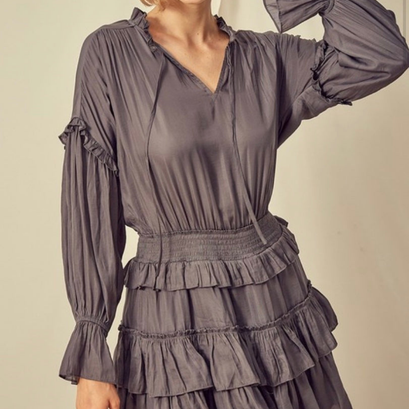 Charcoal Cinched Ruffle Skirt Dress