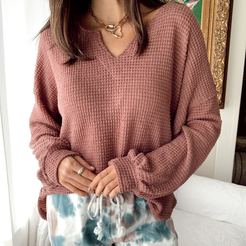 Mauve Waffle Raw Edge Detail Knit Top