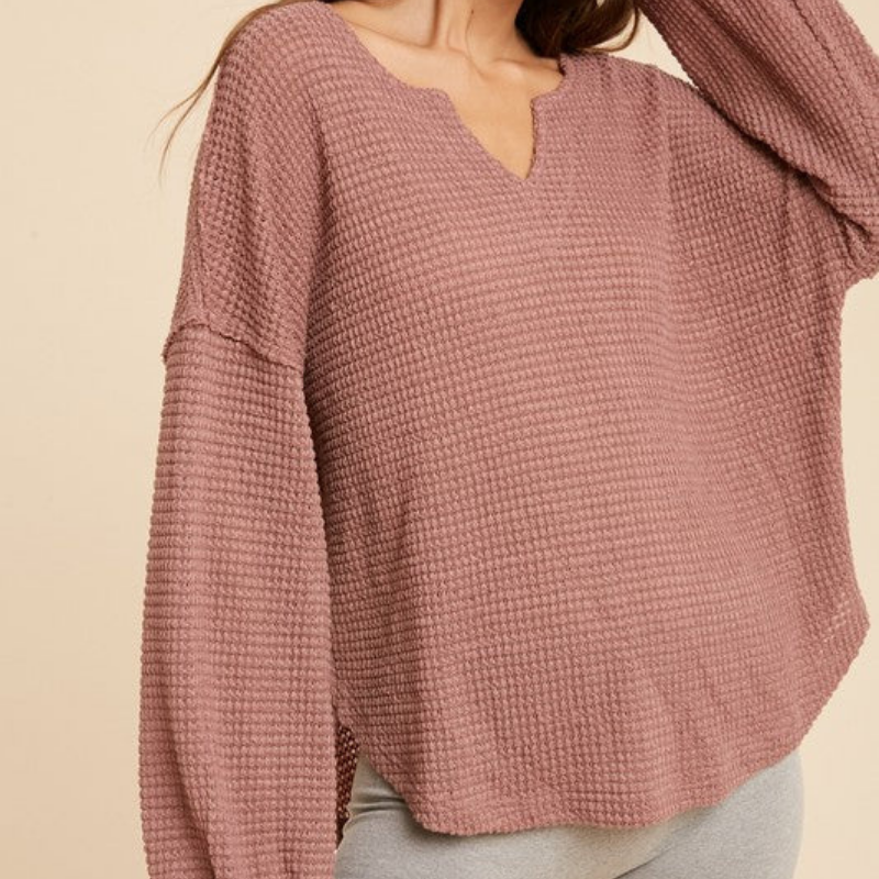 Mauve Waffle Raw Edge Detail Knit Top